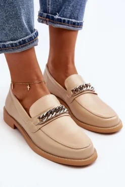 Damskie Boto Damskie Eko Skórzane Mokasyny Z Łańcuchem Beżowe Nohlies