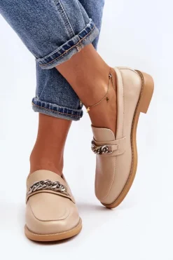 Damskie Boto Damskie Eko Skórzane Mokasyny Z Łańcuchem Beżowe Nohlies