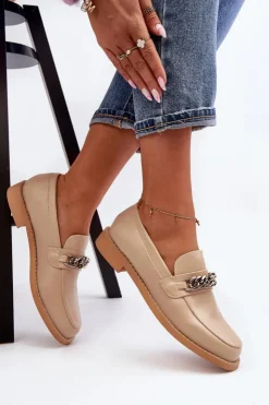 Damskie Boto Damskie Eko Skórzane Mokasyny Z Łańcuchem Beżowe Nohlies