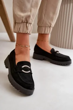 Damskie Boto Damskie Eko Zamszowe Mokasyny Z Błyszczącym Detalem Czarne Avellina