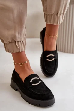 Damskie Boto Damskie Eko Zamszowe Mokasyny Z Błyszczącym Detalem Czarne Avellina