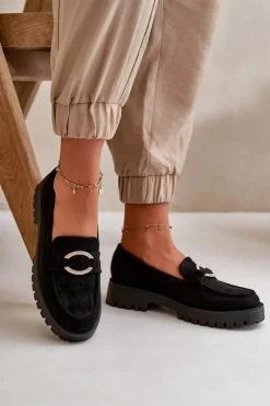 Damskie Boto Damskie Eko Zamszowe Mokasyny Z Błyszczącym Detalem Czarne Avellina