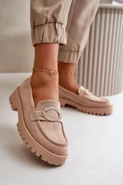 Boto Loafersy Damskie|Mokasyny Damskie Zamszowe*Damskie Eko Zamszowe Mokasyny Z Błyszczącym Detalem Beżowe Avellina