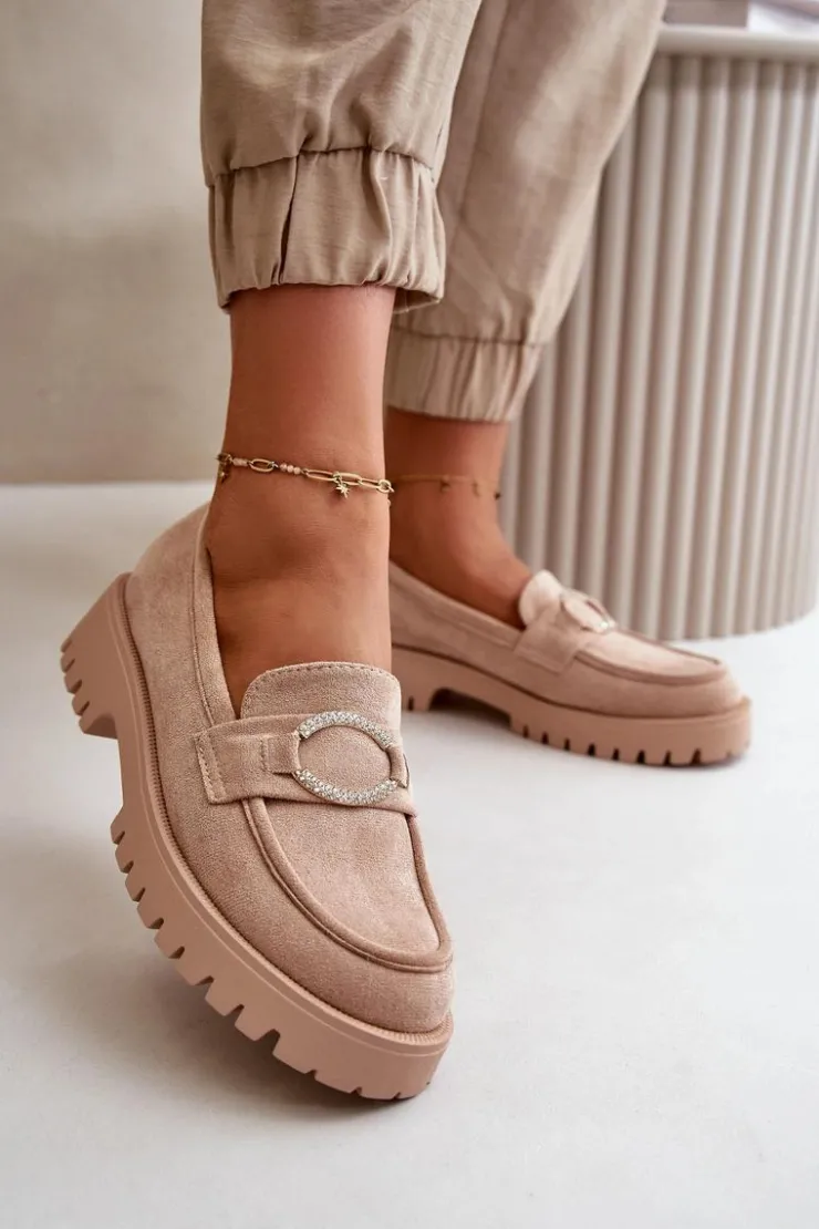 Boto Loafersy Damskie|Mokasyny Damskie Zamszowe*Damskie Eko Zamszowe Mokasyny Z Błyszczącym Detalem Beżowe Avellina