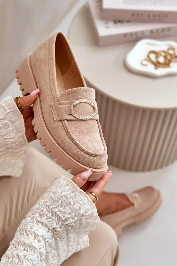 Boto Loafersy Damskie|Mokasyny Damskie Zamszowe*Damskie Eko Zamszowe Mokasyny Z Błyszczącym Detalem Beżowe Avellina