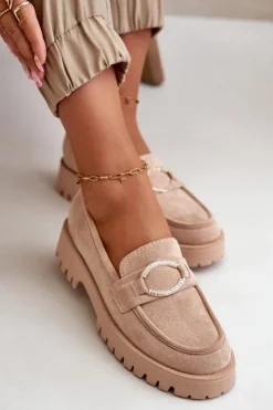 Boto Loafersy Damskie|Mokasyny Damskie Zamszowe*Damskie Eko Zamszowe Mokasyny Z Błyszczącym Detalem Beżowe Avellina