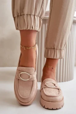 Boto Loafersy Damskie|Mokasyny Damskie Zamszowe*Damskie Eko Zamszowe Mokasyny Z Błyszczącym Detalem Beżowe Avellina