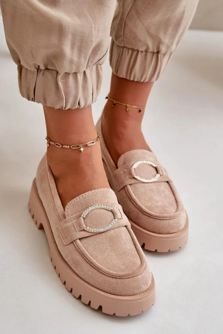 Boto Loafersy Damskie|Mokasyny Damskie Zamszowe*Damskie Eko Zamszowe Mokasyny Z Błyszczącym Detalem Beżowe Avellina