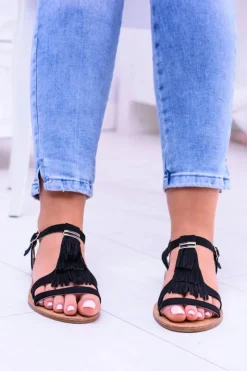 Damskie Boto Damskie Eleganckie Płaskie Sandałki Memi Czarne