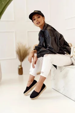 Boto Czarne Espadryle*Damskie Espadryle Na Słomkowej Platformie Czarne Febi