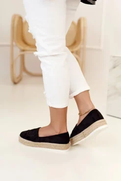 Boto Czarne Espadryle*Damskie Espadryle Na Słomkowej Platformie Czarne Febi