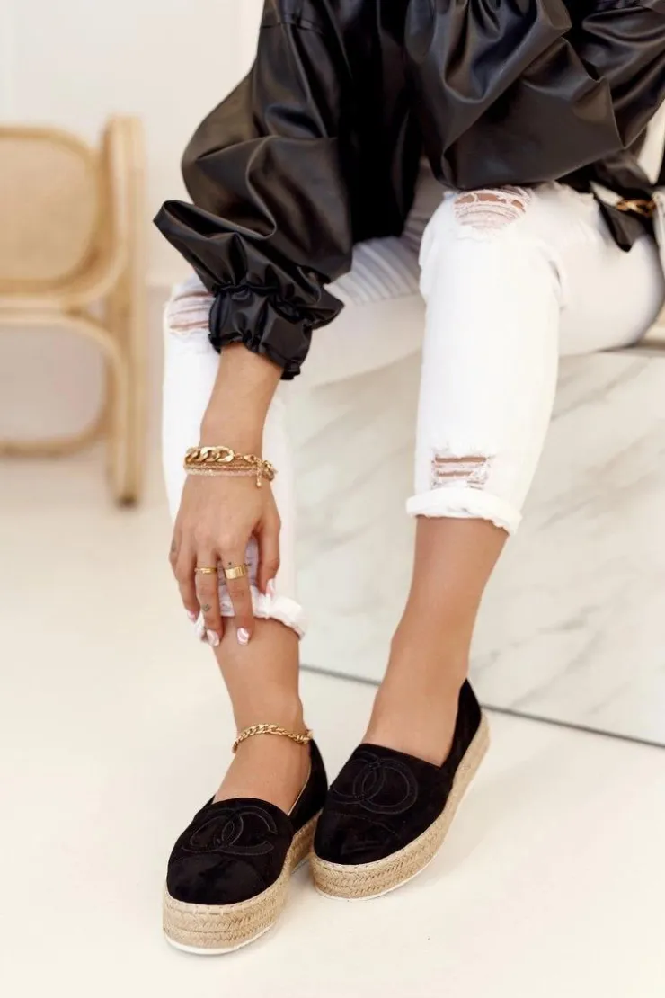 Boto Czarne Espadryle*Damskie Espadryle Na Słomkowej Platformie Czarne Febi