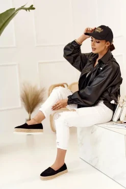 Boto Czarne Espadryle*Damskie Espadryle Na Słomkowej Platformie Czarne Febi