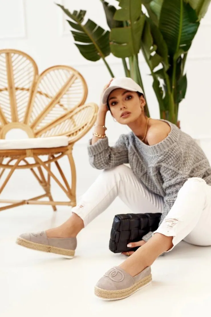 Damskie Boto Damskie Espadryle Na Słomkowej Platformie Szare Febi