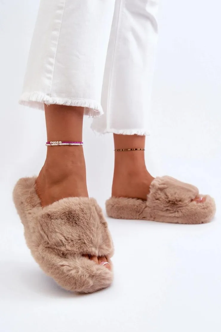 Boto Kapcie Klasyczne|Klapki Z Futerkiem*Damskie Futrzane Kapcie Beżowe Stepia