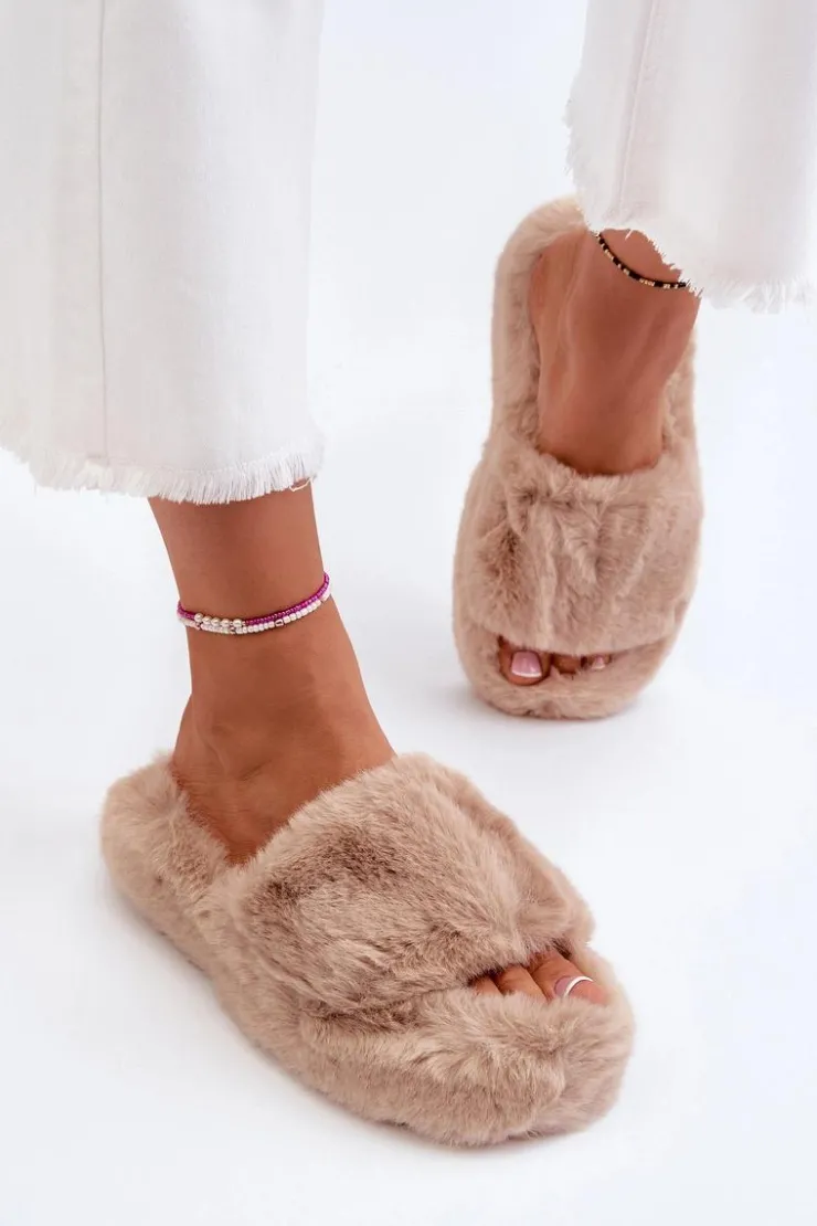 Boto Kapcie Klasyczne|Klapki Z Futerkiem*Damskie Futrzane Kapcie Beżowe Stepia