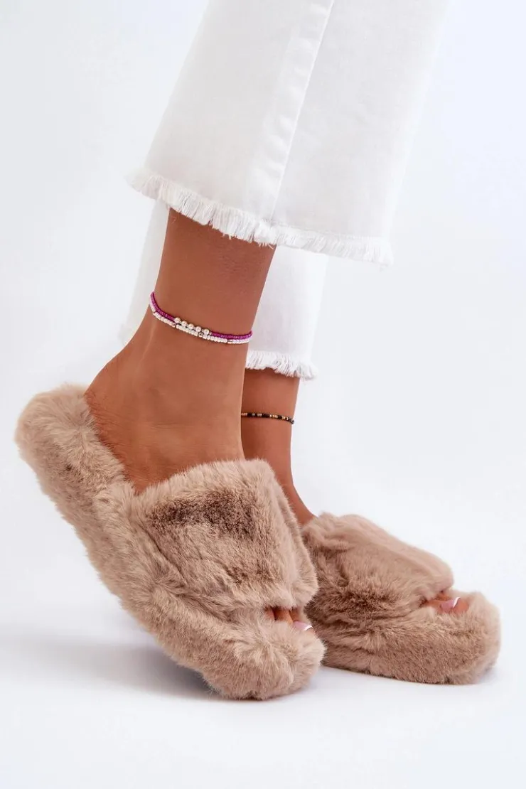 Boto Kapcie Klasyczne|Klapki Z Futerkiem*Damskie Futrzane Kapcie Beżowe Stepia