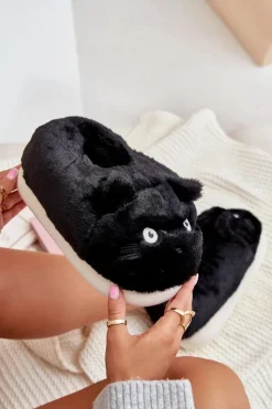 Boto Kapcie Klasyczne*Damskie Futrzane Kapcie Kotki Czarne Iriviane