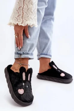 Damskie Boto Damskie Futrzane Kapcie Z Króliczkiem Czarne Naveritte