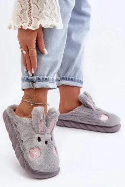 Discount Boto Damskie Futrzane Kapcie Z Króliczkiem Szare Naveritte