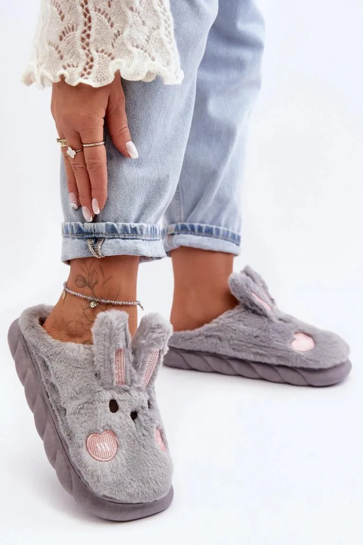 Discount Boto Damskie Futrzane Kapcie Z Króliczkiem Szare Naveritte