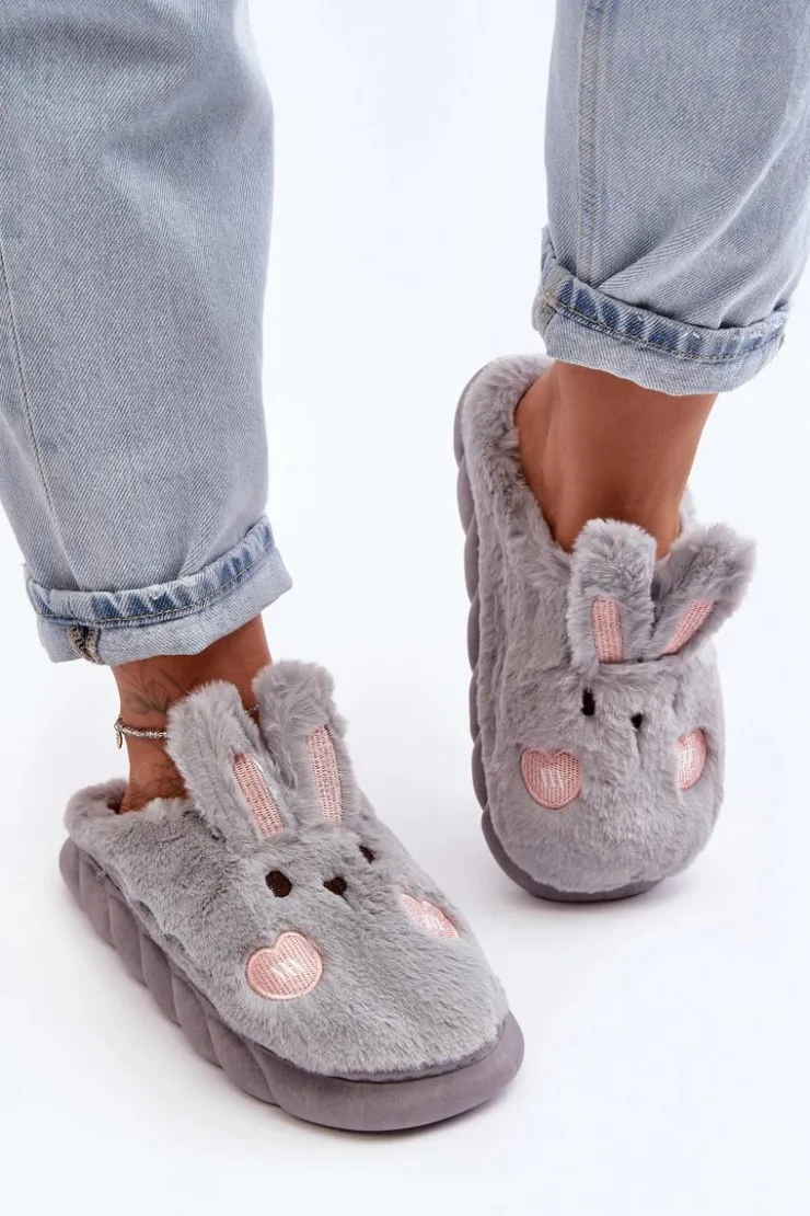 Discount Boto Damskie Futrzane Kapcie Z Króliczkiem Szare Naveritte