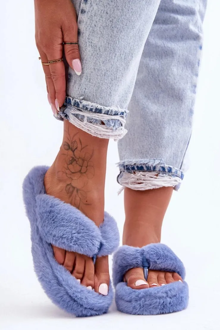 Boto Kapcie Klasyczne|Klapki Z Futerkiem*Damskie Futrzane Klapki Papcie Niebieskie Elma