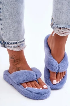 Boto Kapcie Klasyczne|Klapki Z Futerkiem*Damskie Futrzane Klapki Papcie Niebieskie Elma