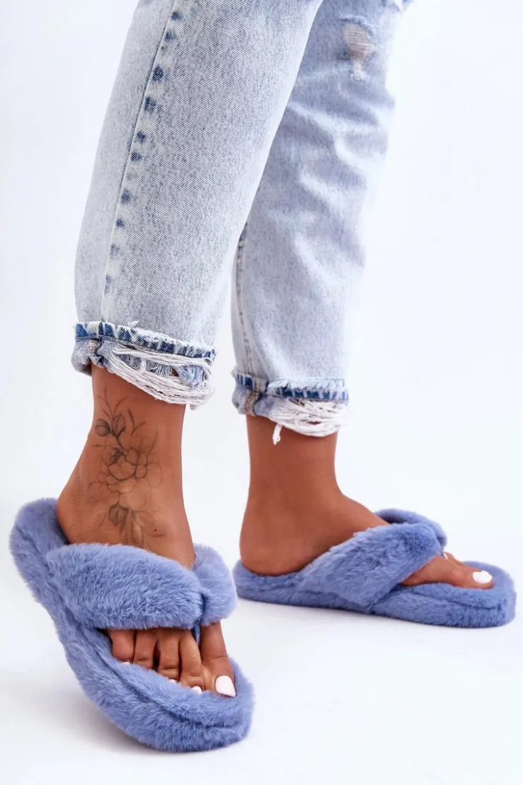 Boto Kapcie Klasyczne|Klapki Z Futerkiem*Damskie Futrzane Klapki Papcie Niebieskie Elma