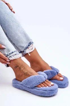 Boto Kapcie Klasyczne|Klapki Z Futerkiem*Damskie Futrzane Klapki Papcie Niebieskie Elma