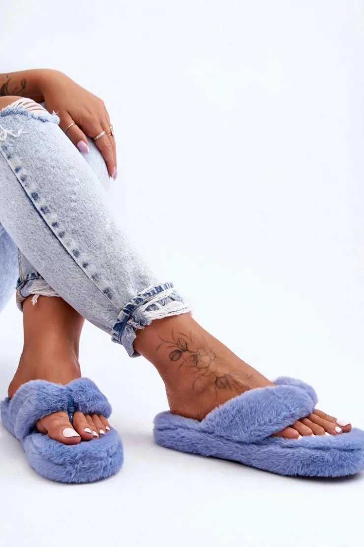 Boto Kapcie Klasyczne|Klapki Z Futerkiem*Damskie Futrzane Klapki Papcie Niebieskie Elma