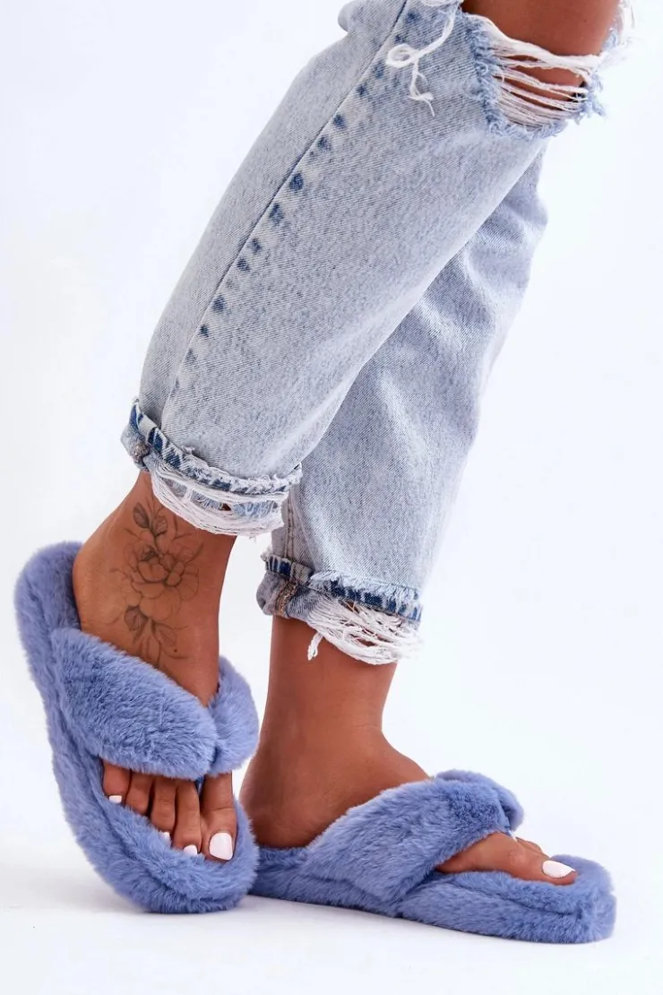 Boto Kapcie Klasyczne|Klapki Z Futerkiem*Damskie Futrzane Klapki Papcie Niebieskie Elma