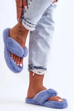 Boto Kapcie Klasyczne|Klapki Z Futerkiem*Damskie Futrzane Klapki Papcie Niebieskie Elma