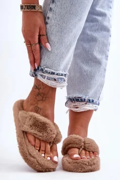 Boto Kapcie Klasyczne|Klapki Z Futerkiem*Damskie Futrzane Klapki Papcie Brązowe Elma