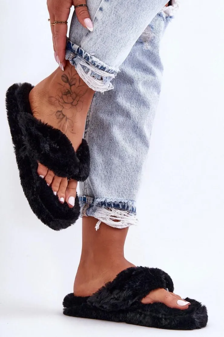 Damskie Boto Damskie Futrzane Klapki Papcie Czarne Elma