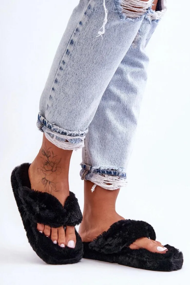 Damskie Boto Damskie Futrzane Klapki Papcie Czarne Elma