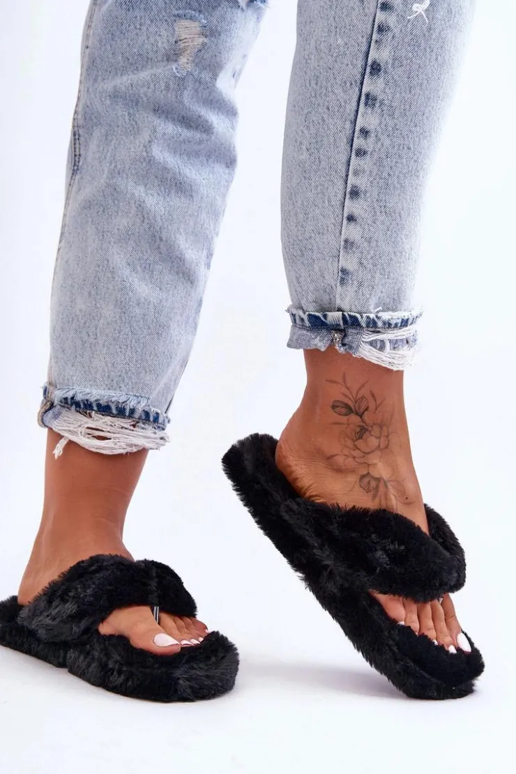 Damskie Boto Damskie Futrzane Klapki Papcie Czarne Elma