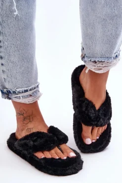 Damskie Boto Damskie Futrzane Klapki Papcie Czarne Elma