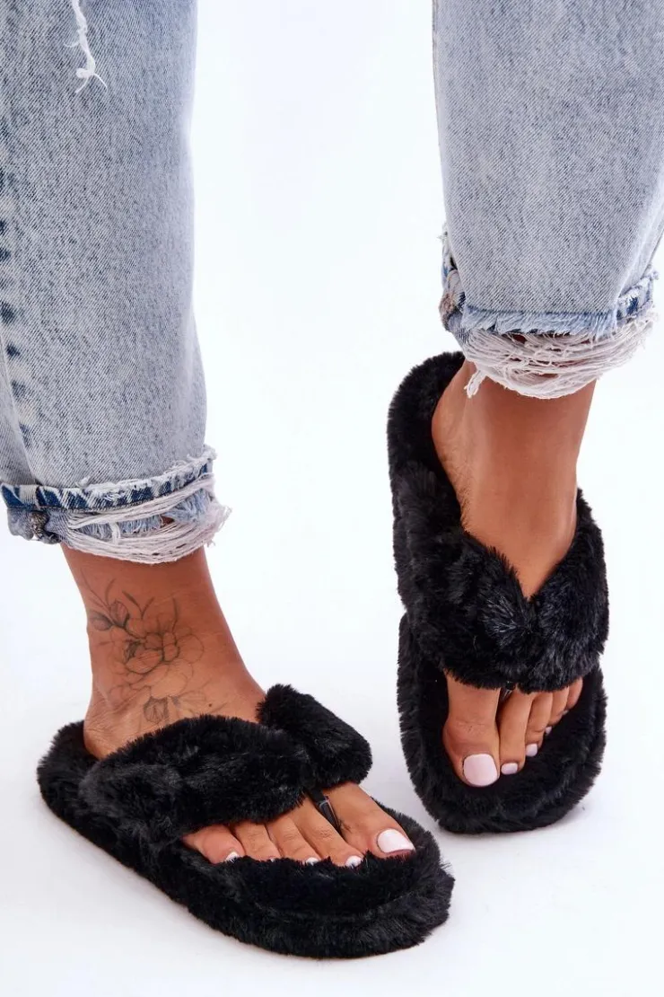 Damskie Boto Damskie Futrzane Klapki Papcie Czarne Elma