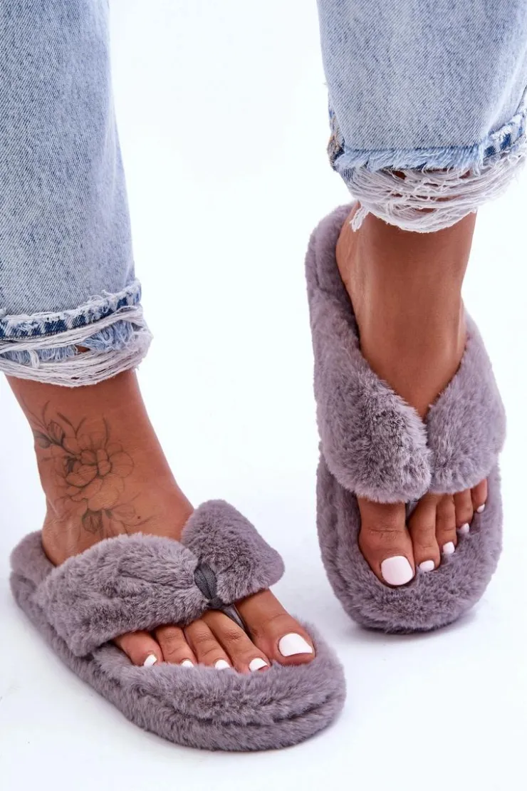 Damskie Boto Damskie Futrzane Klapki Papcie Szare Elma