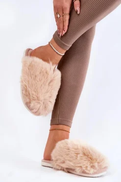 Boto Kapcie Klasyczne*Damskie Futrzane Papcie Beżowe Sheryl