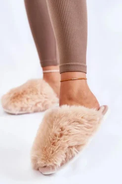 Boto Kapcie Klasyczne*Damskie Futrzane Papcie Beżowe Sheryl