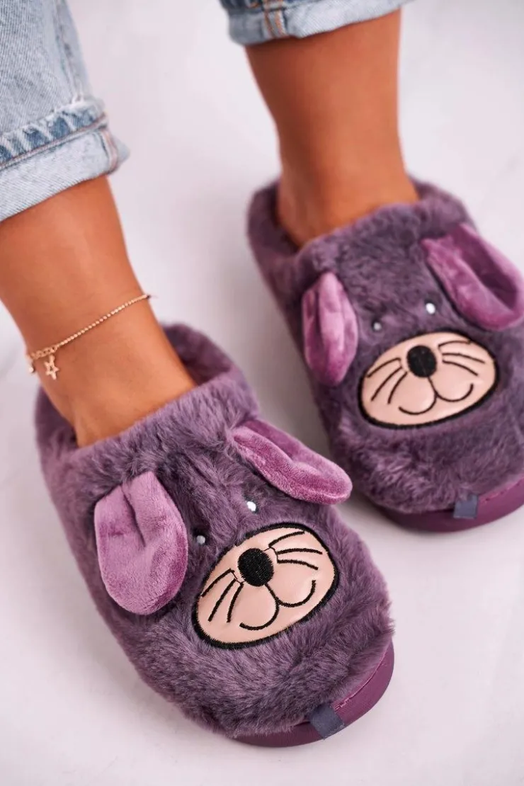 Boto Kapcie Klasyczne*Damskie Futrzane Papcie Myszki Fioletowe Home Sweet Home