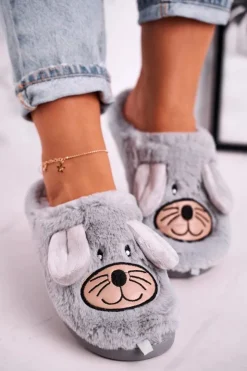 Boto Kapcie Klasyczne*Damskie Futrzane Papcie Myszki Szare Home Sweet Home