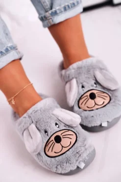 Boto Kapcie Klasyczne*Damskie Futrzane Papcie Myszki Szare Home Sweet Home