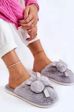 Boto Kapcie Klasyczne*Damskie Futrzane Papcie Z Pomponami Szare Castello