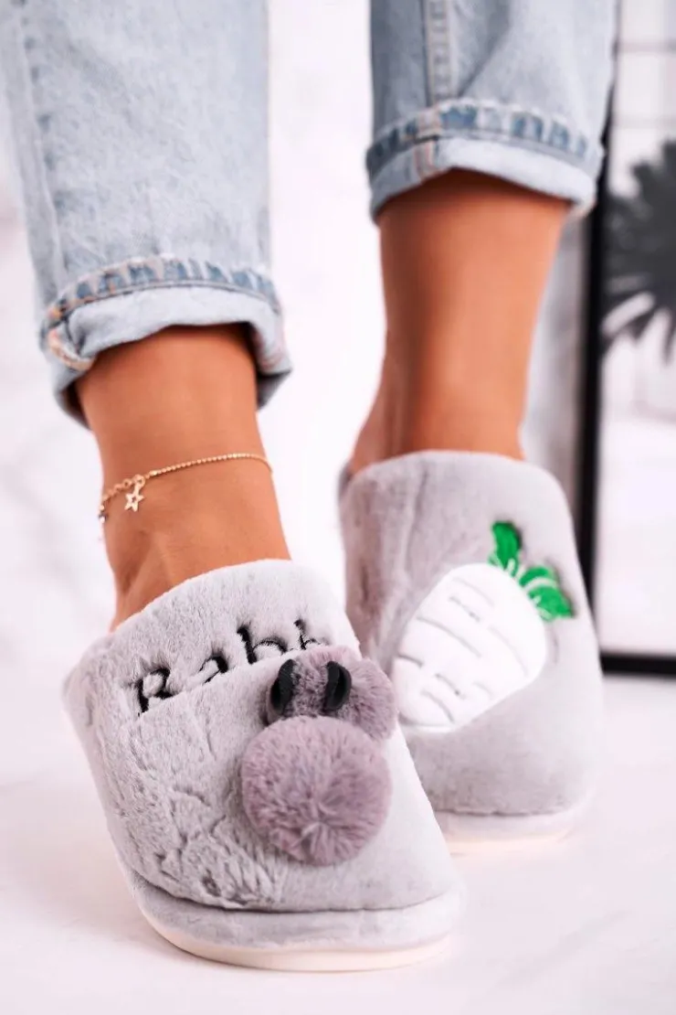 Damskie Boto Damskie Futrzane Papcie z Królikiem I Marchewką Szare Follow Me