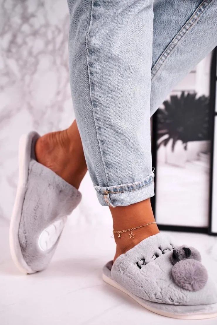 Damskie Boto Damskie Futrzane Papcie z Królikiem I Marchewką Szare Follow Me