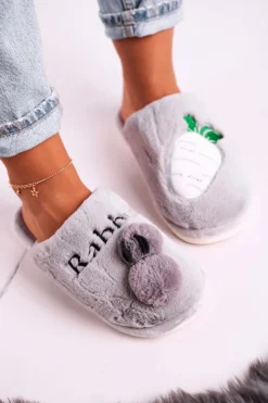 Damskie Boto Damskie Futrzane Papcie z Królikiem I Marchewką Szare Follow Me