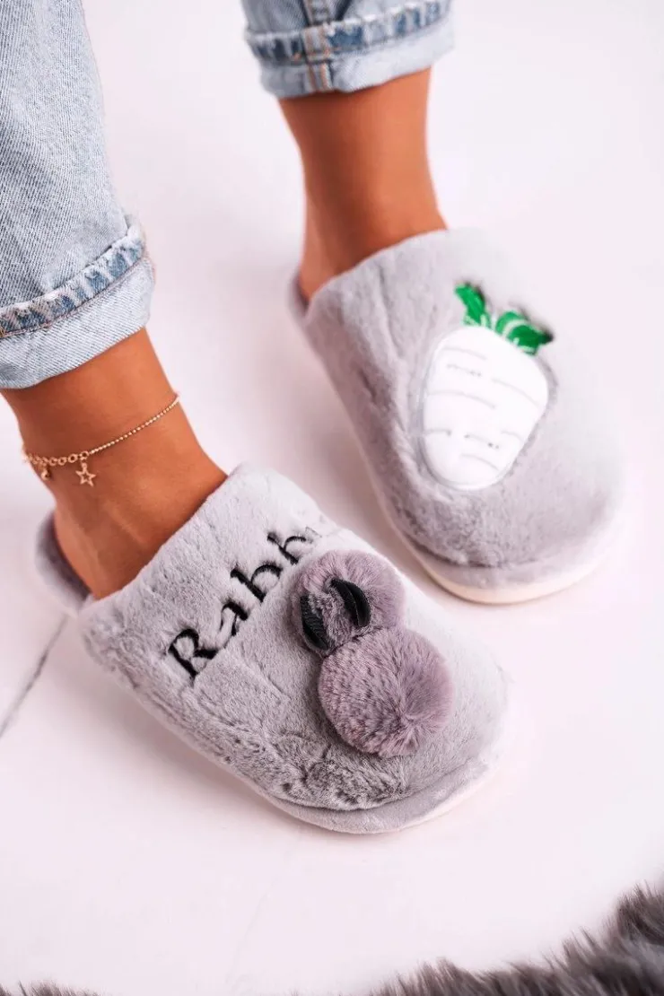 Damskie Boto Damskie Futrzane Papcie z Królikiem I Marchewką Szare Follow Me